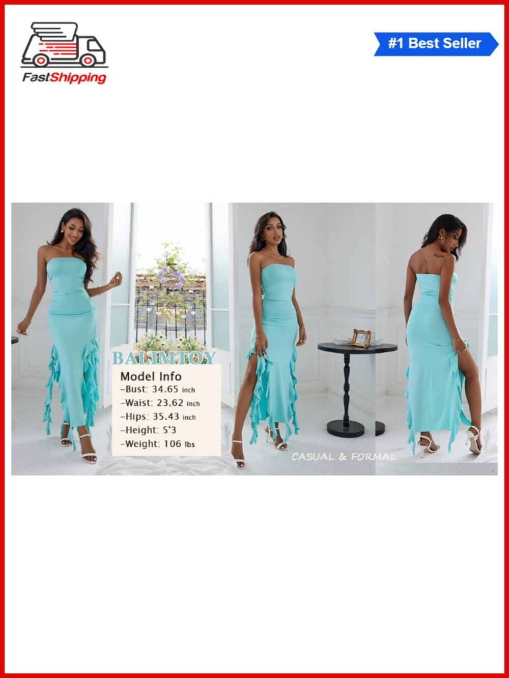 ✨ Strapless Ruffle Bodycon Maxi Dress Tube Top Ruched Split Thigh Club Party - Picture 6 of 6